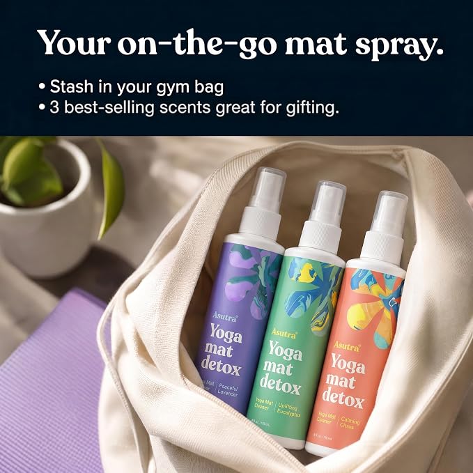 ASUTRA Yoga Mat Cleaner Spray Variety Pack (Lavender, Eucalyptus, Citrus), 4 fl oz Each (Pack of 3) - No Slippery Residue, Organic Essential Oils, Deep-Cleansing for Fitness Gear & Gym Equipment