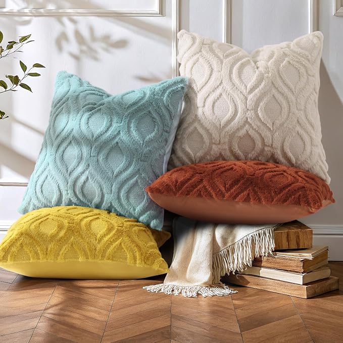 decorUhome Faux Fur Plush Soft Beige Throw Pillow Covers 24x24 Set of 2 | Wool Solid Fall Couch Pillow Covers, Accent Modern Farmhouse Neutral Decorative Square Pillow Cases for Sofa Bed Living Room