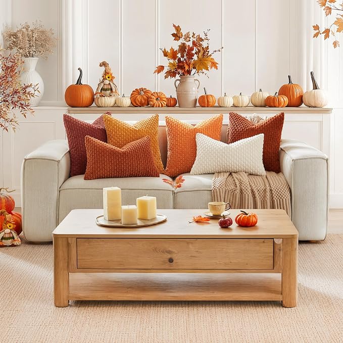 Kevin Textile Soft Corduroy 14"x22" Lumbar Pillow Cover 1 Pack, Rust | Fall Boho Stripe Plush Corduroy Decorative Oblong Cushion Cover Modern Farmhouse Home Decor for Sofa Couch Bed Chair