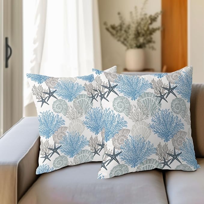 Coastal Starfish Seashell Coral Pillow Covers 18x18 Inch Set of 2 Summer Nautical Beach Decorative Pillow Cases Sea Ocean Cotton Linen Cushion Case Farmhouse Home Decor for Sofa Couch Bedroom