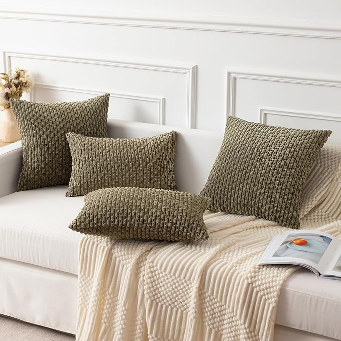 Kevin Textile Soft Corduroy 12"x24" Lumbar Pillow Cover 1 Pack, Olive Green | Boho Stripe Plush Corduroy Decorative Oblong Cushion Cover Modern Farmhouse Home Decor for Sofa Couch Bed Chair