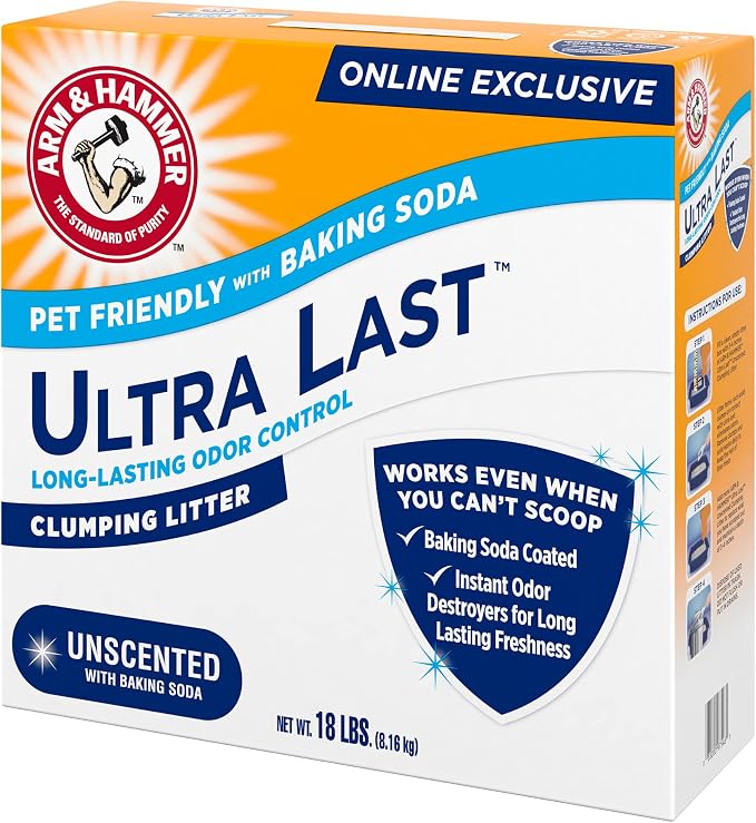 ARM & Hammer Ultra Last Clumping Cat Litter, Unscented, MultiCat, 18 Lbs | Clumping Formula, 99% Dust Free, Pet Friendly, Baking Soda Odor Control