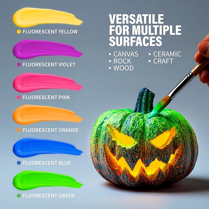 Neon Fluorescent Washable Tempera Paint – UV-Reactive Under Blacklight, 6 Bright Colors, 4 fl oz Bottles, Non-Toxic Kid-Safe Craft & Classroom Paint, Made in USA