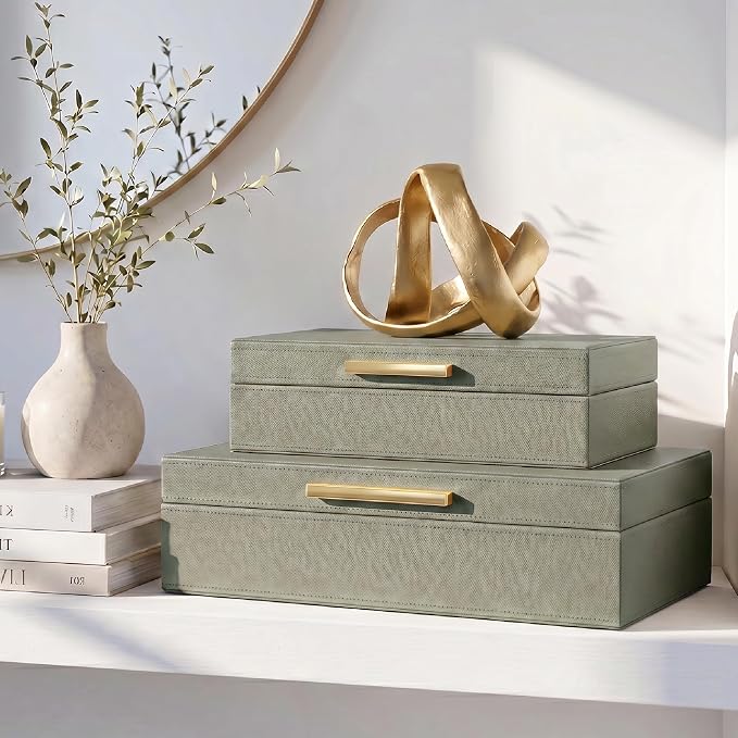 ZICOTO Decorative Storage Boxes with Lids – Set of 2 Beautiful PU Leather Organizer Bins for Your Bookshelf Home Decor - Safely Store Photos, Documents and Memory Box Keepsakes in Style