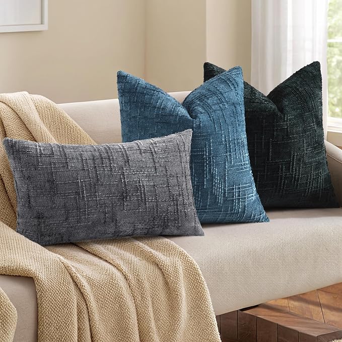 decorUhome Textured Chenille Throw Pillow Covers 12x20 Set of 2 Navy Blue | Fall Modern Farmhouse Soft Cozy Slubby Couch Pillow Cases Boho Decorative Pillow Cases for Bed Sofa Living Room Home Decor