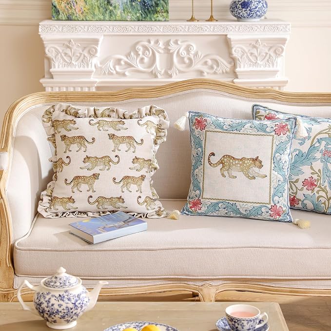 patdrea Designer Vintage Linen Throw Pillow Cover,18"x18",Set of 2-Fromm C | Elegant Decorative Pillow Case with Zipper,Ruffle Leopard Pattern,Pillow Cover for Couch Living Room Bedroom Sofa