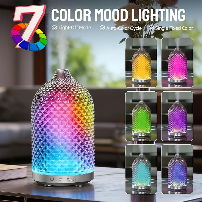 Essential Oil Diffuser 150ml, Glass Diffuser with Ultrasonic Small Humidifier, 7 Color Lights, 1/2/4H Timer, Quiet Auto Shut-Off Oil Diffuser for Bedroom, Home, Office (Silvery)