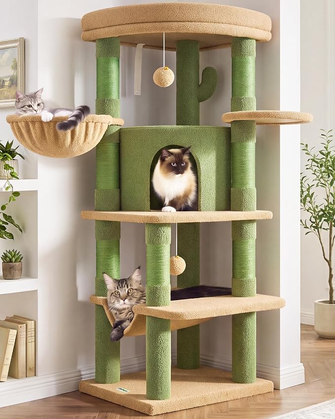Globlazer Cactus Corner Cat Tree Tower with Scratching Post, C51, Green | 51in Space-Saving Multi-Level Green Cat Condo for Indoor Cats with Hammock, Large Top Perch for Large Cats, Cozy Cat Cave