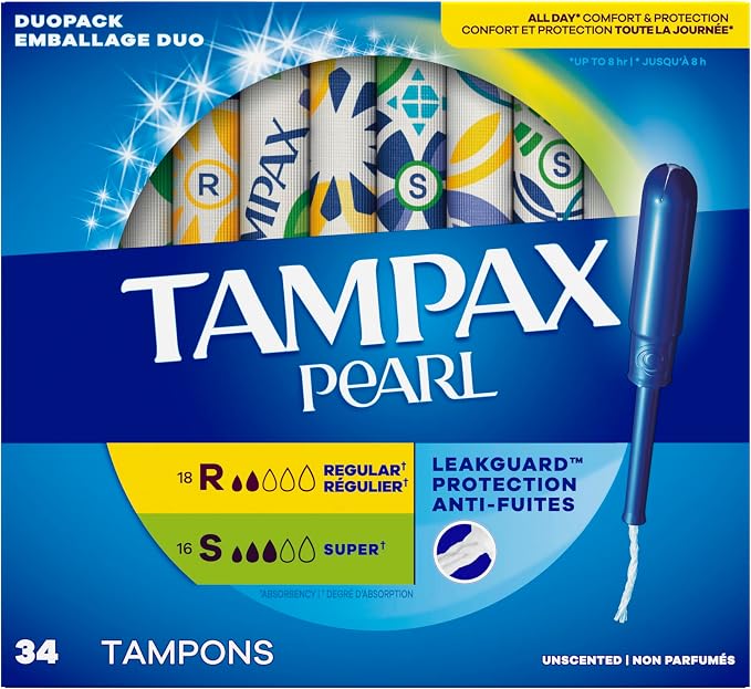 Tampax Pearl Tampons, Regular/Super Absorbency | Unscented | Leakguard Braid | 34 Count | Pack of 2