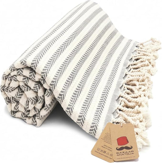 Bazaar Anatolia Turkish Beach Towel – 100% Cotton, Quick Dry, Sand Free Large Towel for Bathroom and Camping – Oversized 71x39 Inches – Arpa Grey