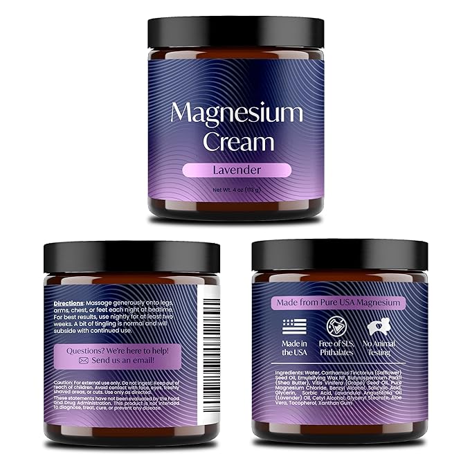 Magnesium Sleep Cream, USA-Made Topical Magnesium Lotion for Sleep, Lavender Lotion for Feet, Nighttime Mag Oil Body Butter, Foot Cream, Relaxing Rub for Muscles, 4oz