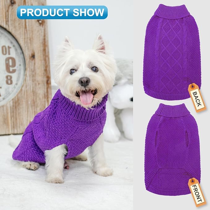Mihachi Turtleneck Dog Sweater - Winter Coat Apparel Classic Cable Knit Clothes with Leash Hole for Cold Weather, Ideal Gift for Pet in New Year Purple X-Small