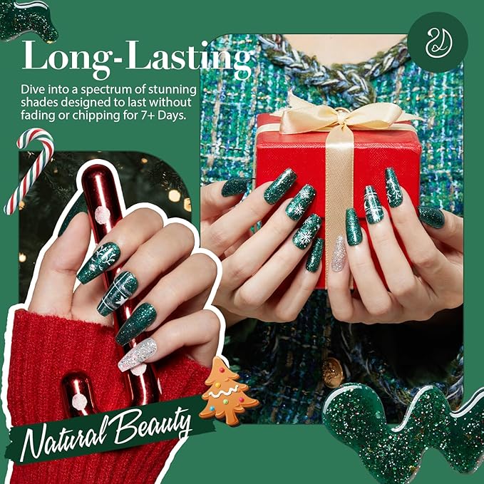 AZUREBEAUTY Green Nail Polish Quick Dry Christmas Glitter Nail Polish Natural Shine Nail Lacquer Salon-Quality for Women Girl Gift Set 1Pcs 0.34 fl oz