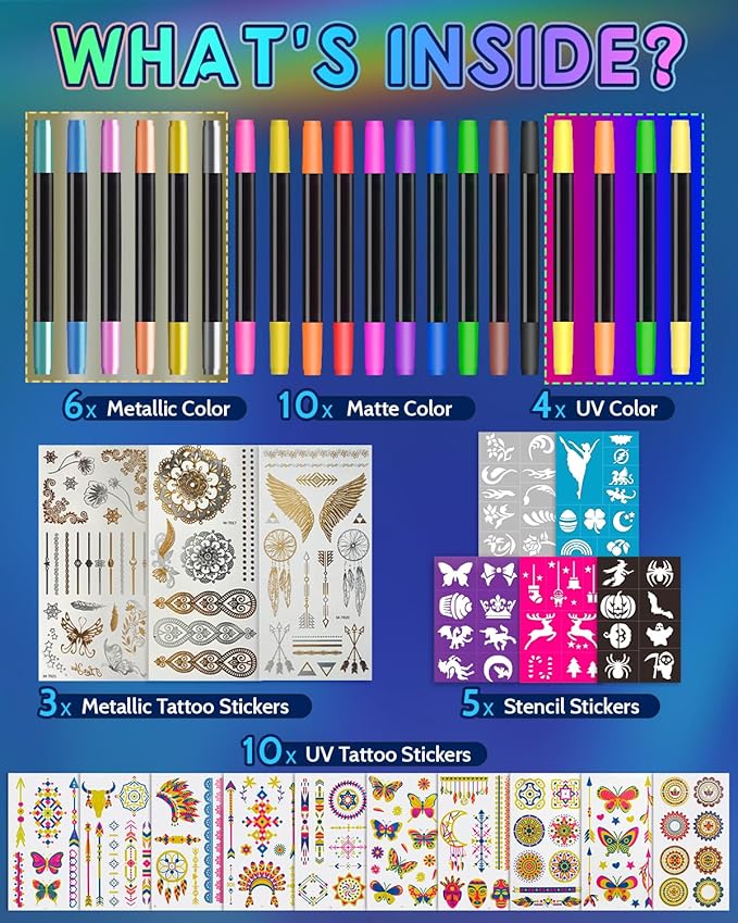 Temporary Tattoo Markers for Skin, 20 Pcs Dual-Tip UV & Matte & Glitter Tattoo Pens, Skin-Safe Body Markers with Tattoo Stencils & Stickers, Washable Glow in the Dark Markers for Kids Teens