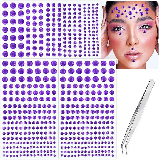 591pcs Face Gems Hair Gems Pearls, Self-Adhesive Face Jewels Eye Rhinestones 3/4/5/6/8 mm Face Gem Stick on, Halloween Makeup Gems Rave Accessories for Face Eyes Body Makeup (16.Dark Purple)