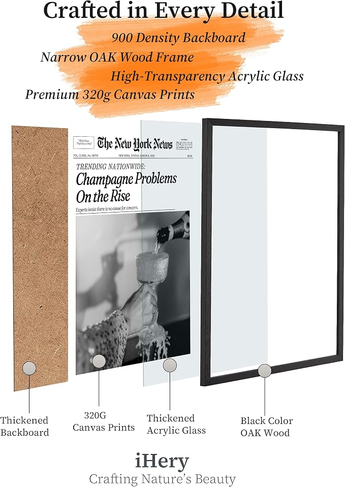 iHery 8x10in Champagne Problems on the Rise Framed Newspaper Art | Premium Black Natural OAK Wood Frame with Canvas Print, Vintage Champagne Decor for Bar Cart, Kitchen, Living Room 1Pack