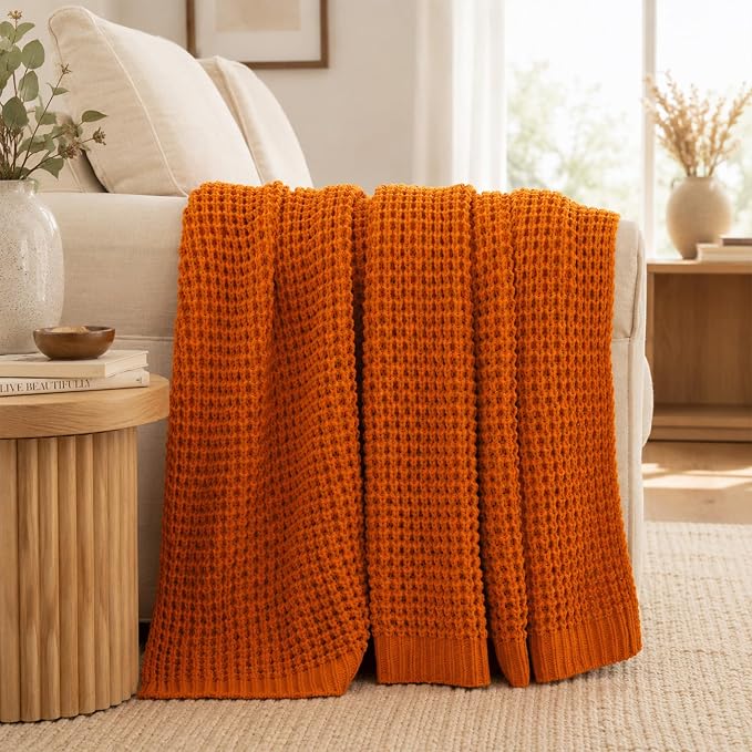 Burnt Orange Throw Blanket for Couch, Fall Waffle Knit Throw Blanket 50x60 | Chunky Chenille Throw Blanket, Soft Warm Decorative Fall Blanket for Sofa Bed, Ideal Fall Home Decor