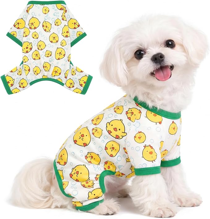 DaFuEn Dog Pajamas for Small Dogs, Soft Stretchy 4 Legs Puppy Jumpsuit, All Season Cozy Pet PJs for Chihuahua Yorkie Teacup Dogs, Cat Clothes (Yellow Bird, XS)