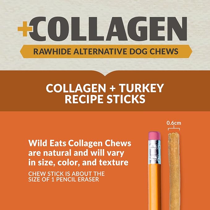 Wild Eats Turkey Collagen Sticks for Dogs (15 Pack, 1 cm Wide) Long Lasting Dog Chews No Hide Dog Treat Bully Stick Alternative, Rawhide Free, Grain Free, High Protein | Rawhide and grain free no hide chew treats, 1 cm chew width, high protein, long la...