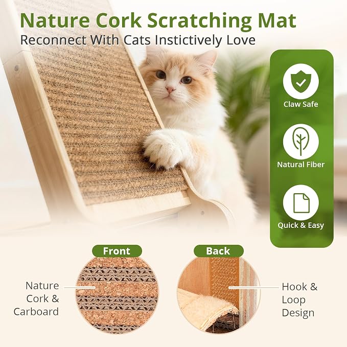 4-in-1 Adjustable Cat Scratch Pad, Nature Cork Scratching mat, 32 inch Foldable Wooden Post. Easy Install, Durable Design for Indoor Cats