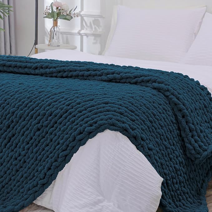 Bigacogo Chunky Knit Throw Blanket for Couch, 40x80 inches, Deep Sea Blue | Hand Knit with Jumbo Chenille, Soft Breathable Cable Knit for Sofa Bed Living Room, Machine Washable, Gift for Mom Friend