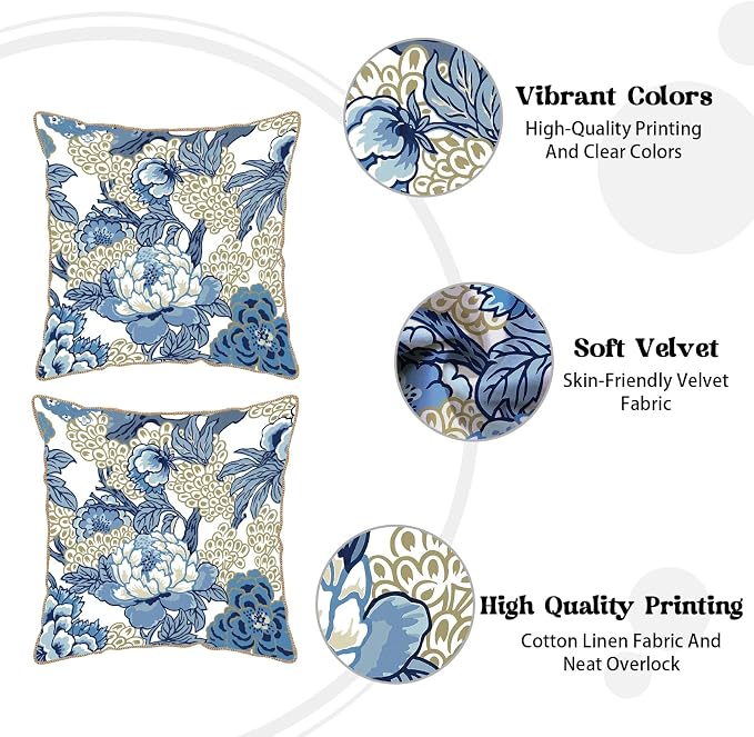 KSLIDS Vintage Floral Soft Velvet Throw Pillow Covers Set of 2 Blue Beige Floral Decorative Pillow Covers 16x16 Inch Chinoiserie Retro Pillow Case for Sofa Couch Bedroom Farmhouse Home Decor