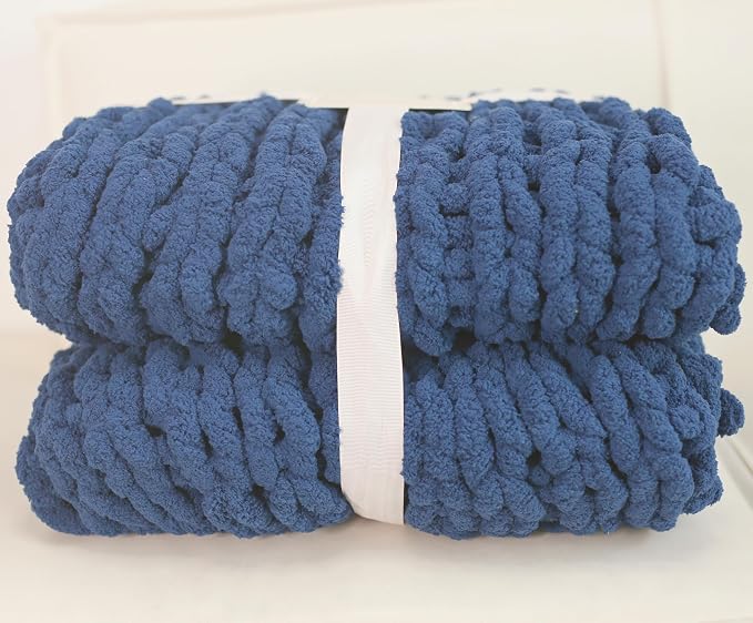 Soft Chunky Knit Throw Blanket for Couch, Cozy Warm Knitted Blankets | Hand Knit with Jumbo Chenille, Lightweight Warm Fluffy Decor for Women, Mom, Her & Girls, Sofa, Chair, Bed,40"×60"(Navy Blue)