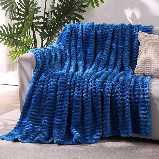 Classic Blue Throw Blanket for Couch Sofa 60"x80" Striped Design