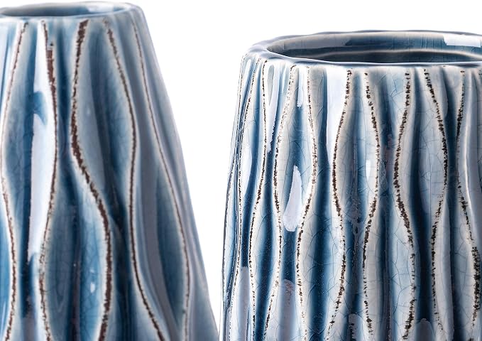 VICTOR & TERESA Ceramic Vase for Flowers, 10'' Set of 2 Decorative Blue Vases for Home Decor, Farmhouse Vases for Pampas Grass, Table, Mantel, Living Room, Shelf, Centerpieces, Gifts for Mom