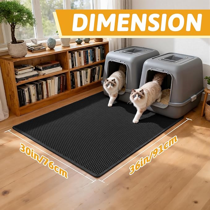 Pieviev Litter Mat, Double-Layer Waterproof Trapping Mat, 36" x 30" Black | Honeycomb Design Catches Scattered Particles to Stop Tracking, Urineproof Base Protects Floors, Easy to Clean
