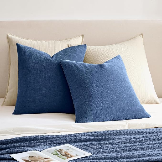 MIULEE Navy Blue Chenille Couch Euro Throw Pillow Covers, 22x22 | Set of 2, Soft Coastal Home Decor, Modern Farmhouse Decorative Pillowcases for Sofa Living Room Bed