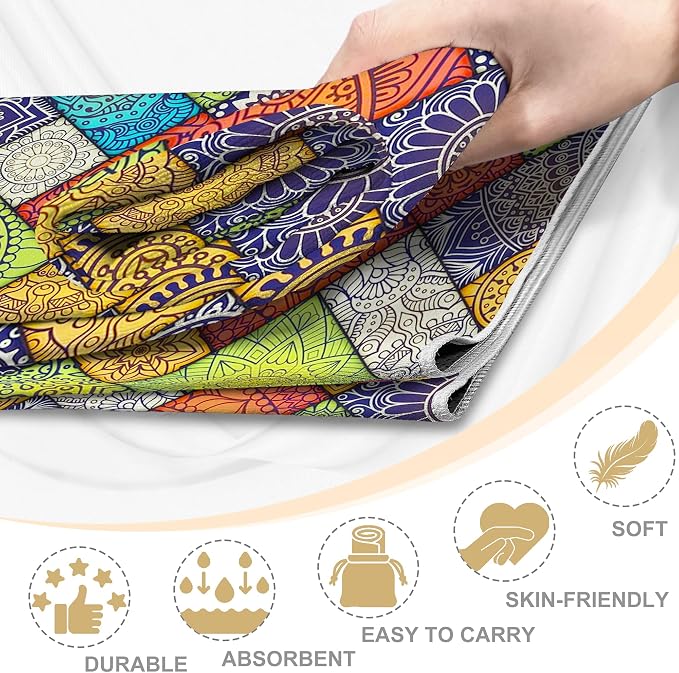 Hot Yoga Towel Non Slip, Ultra-Absorbent Yoga Mat Towel, Soft with Printed Design, Machine Washable, Yoga Pilates Towel Suitable for Exercise, Pilates, Yoga, 72x27in,Grid Mandala