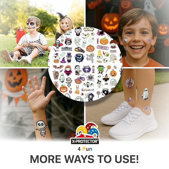 X-Protector Halloween Tattoos for Kids - Giant Pack of Temporary Tattoos - Fake Halloween Tattoos Gifts - Glow in the Dark Spooky Party Favors - Bulk Halloween Goody Bag Fillers!
