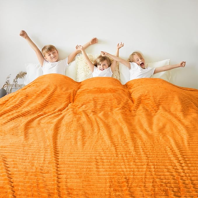 Vessia Flannel Fleece King Size Bed Blanket(108x90 inch), 300GSM Orange Striped Bed Blanket for Adults, Super Soft Warm Cozy Lightweight Ribbed Decor for All-Season