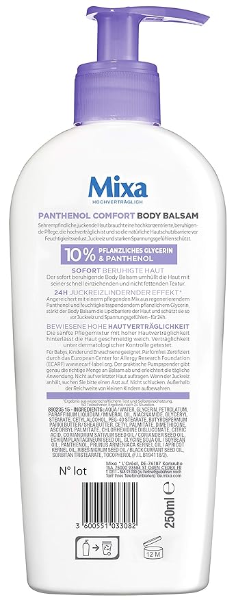 Mixa Panthenol Comfort Body Balm Itch Relief and Soothing Balm with Panthenol and Vegetable Glycerine for Sensitive Skin 250ml