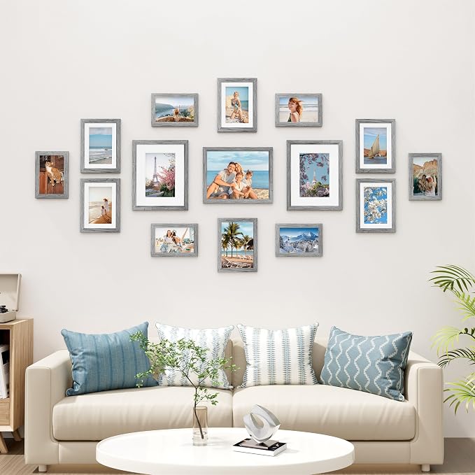 Vittanly 15 Pack Picture Frames Collage Wall Decor, Wall/Tabletop Display | Grey, Multi-Size Gallery Wall Frame Set: 3pcs 8x10, 6pcs 5x7, 6pcs 4x6. Picture Frame Set for Family