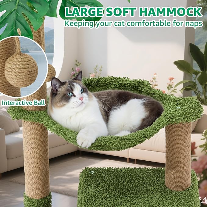 37" Small Cat Tree with Scratching Posts，Green Cat Scratcher Tower | Sisal Cat Scratcher,Cozy Hammock,Cat Condo,Interactive Cat Toys for Kittens