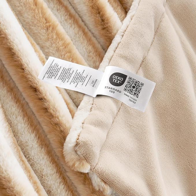 Cozy Bliss Faux Fur Throw Blanket for Couch, Cozy Warm Plush Striped Blanket for Sofa Bedroom Living Room,50 * 60 Inches Khaki