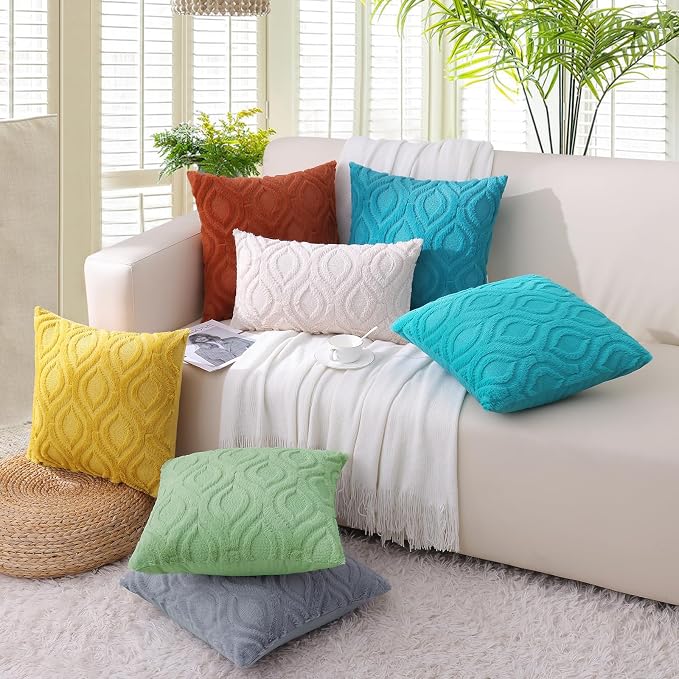 decorUhome Faux Fur Plush Soft Blue Grey Throw Pillow Covers 12x20 Set of 2 | Wool Solid Fall Couch Pillow Covers, Accent Modern Farmhouse Neutral Decorative Square Pillow Cases for Sofa Bed Living Room