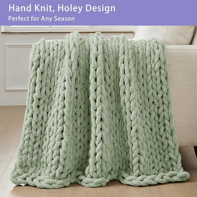 Bigacogo Chunky Knit Throw Blanket for Couch, 40x40 inches, Sage Green | Hand Knit with Jumbo Chenille, Soft Breathable Cable Knit for Sofa Bed Living Room, Machine Washable, Gift for Mom Friend