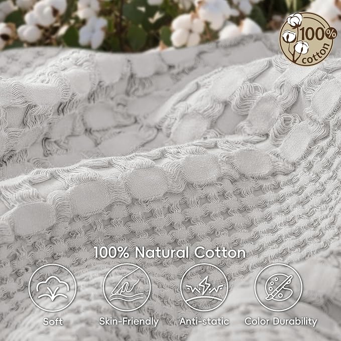 PHF 100% Cotton Waffle Weave Blanket Queen Size, Lightweight Breathable Summer Blanket for Hot Sleepers, Pre-Washed Soft Layer for Bed, Couch, Aesthetic Home Decor & Gift, 90"x90", Light Grey
