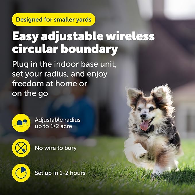 PetSafe Wireless Pet Containment System, Up to 1/2 Acre | Wireless Fence, Tone & Static Correction, Proprietary Circular Boundary with No Wire, Static-Free Re-Entry, Dogs 8 lb+