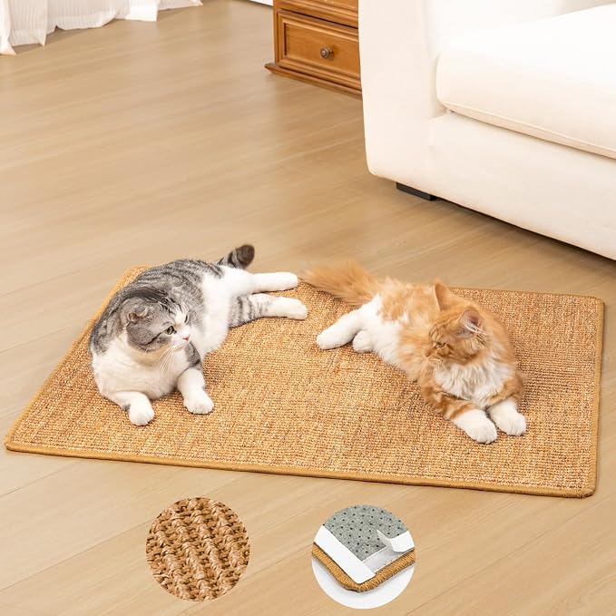 Conlun Cat Scratching Pad, 27.5x35.4in Sisal Mat Couch Protector | Indoor Cat Scratcher Mat, Mess-free, Anti-slip Backing, Hook&Loop Tape for Furniture Door Wall, Brown