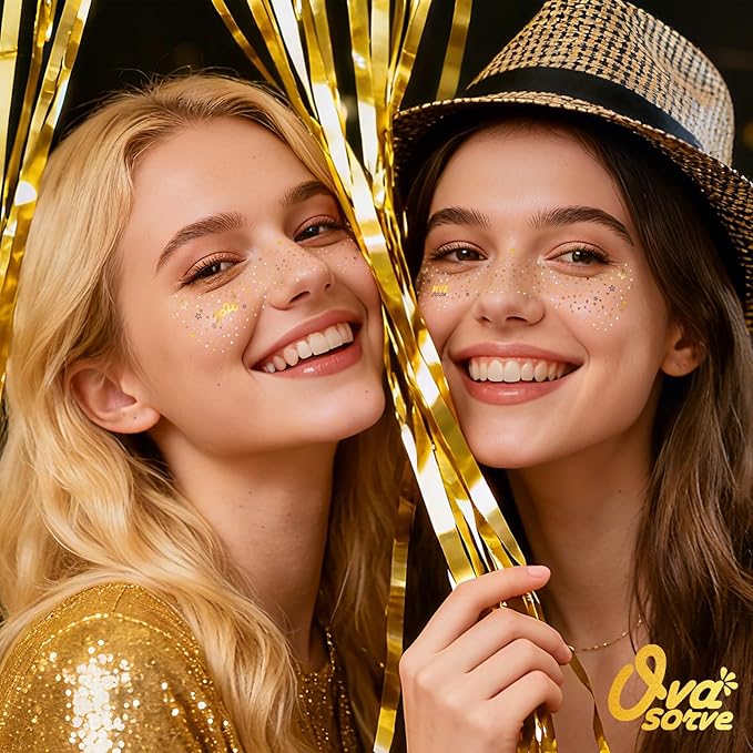 NYE 2026 Face Tattoos - Glittering Freckles Stars & Fireworks in Metallic Gold & Silver | Waterproof Freckle Gems for New Years Eve Party Supplies 2026, Celebration Makeup & Festive Glow Up