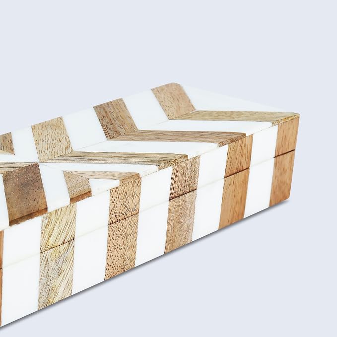 Handicrafts Home White Decorative Storage Box with Lid Wood Entryway Organizer Key Holder Box Console Table Storage for Hallway – Resin Inlay Marquet Chevron Collection - 10x2.5x1.5