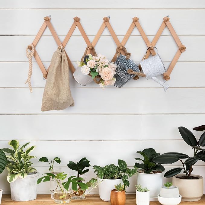 SCUNDA Wall Rack with 16 Hooks, Wooden Wall Expandable Coat Rack for Coat, Hats, Baseball Caps, Coffee Mug, Jewelry(Natural)