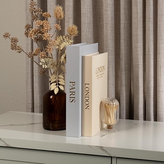Decorative Books with Storage (Gray/Beige) – Set of 2 Faux Linen Book Boxes with Gold Stamped Covers – Enhance Your Coffee Table, Bookshelf Decor – Hidden Storage for Photos, Keepsakes, and Jewelry
