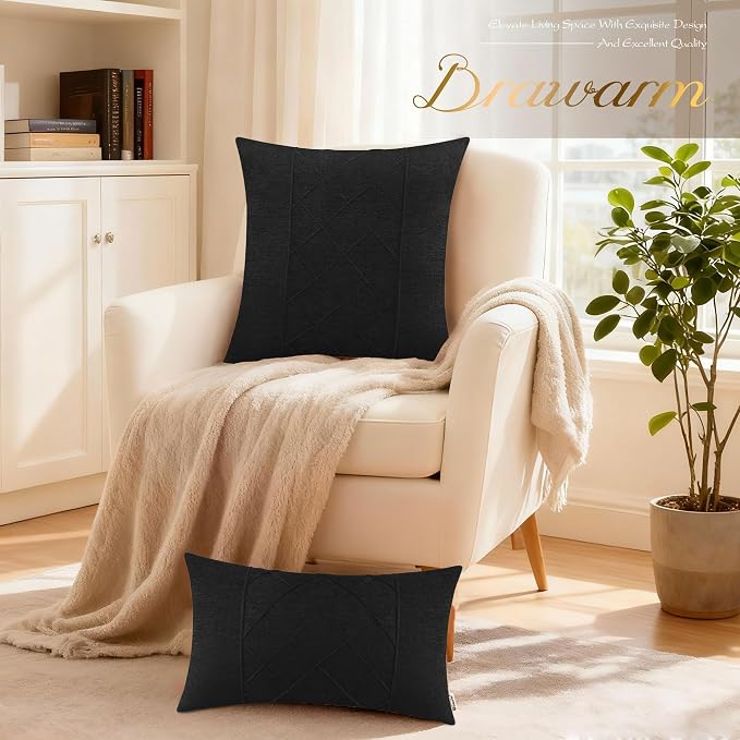 BRAWARM Chenille Throw Pillow Covers 18x18 Inches, Black, 2 Pack | Decorative Pleated Pillow Covers, Soft Cushion Cases for Sofa Bed Living Room Home Farmhouse (No Insert)