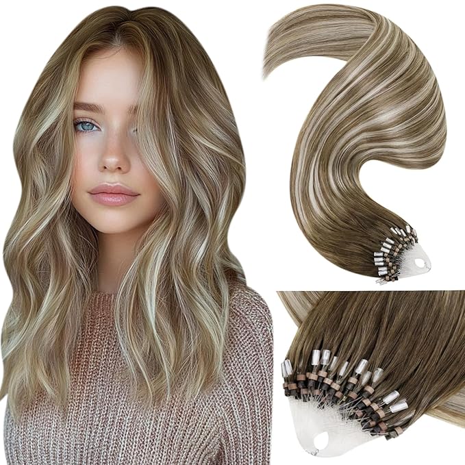 LaaVoo Micro Link Human Hair Extensions Brown Balayage Micro Beads Hair Extension Human Hair Ash Brown Fading to Platinum Blonde Micro Loop Extensions Real Hair 18inch 50g 50s
