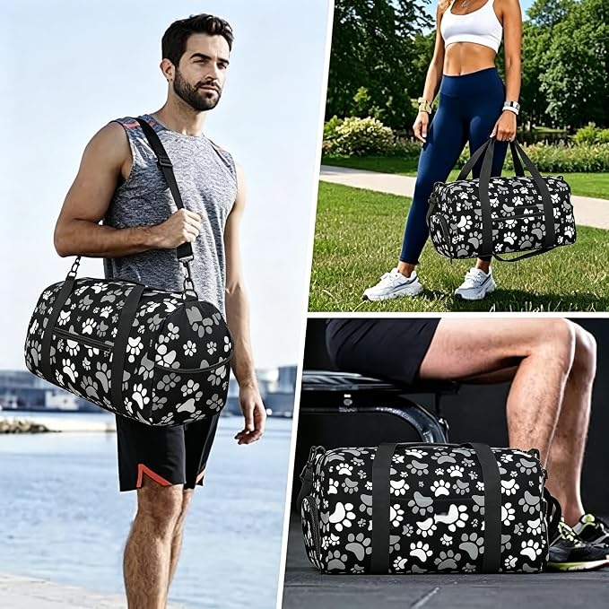 Fiokroo Sports Gym Bag Cute Dogs Paws Print Travel Duffel Bag For Men Women With Shoe Compartment Water Resistant Gym Bag Carry On Duffel Bag For Weekend Traveling Yoga Gym Sports